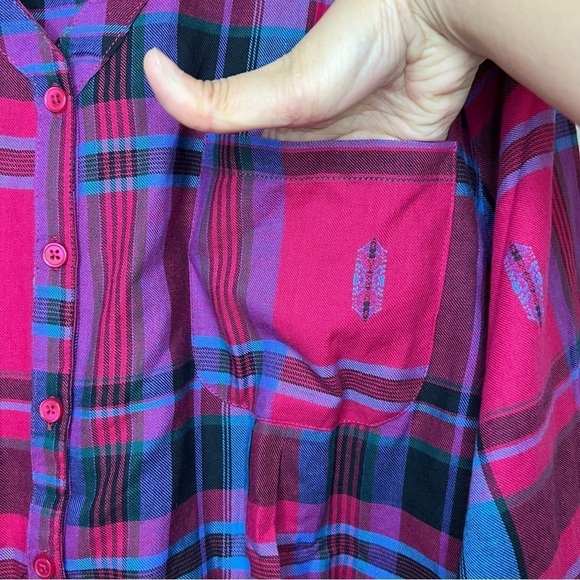 Roaman's Women's Button Up Shirt Tunic Plaid Roll Tab V Neck 22 Asymmetrical Hem - Picture 4 of 15